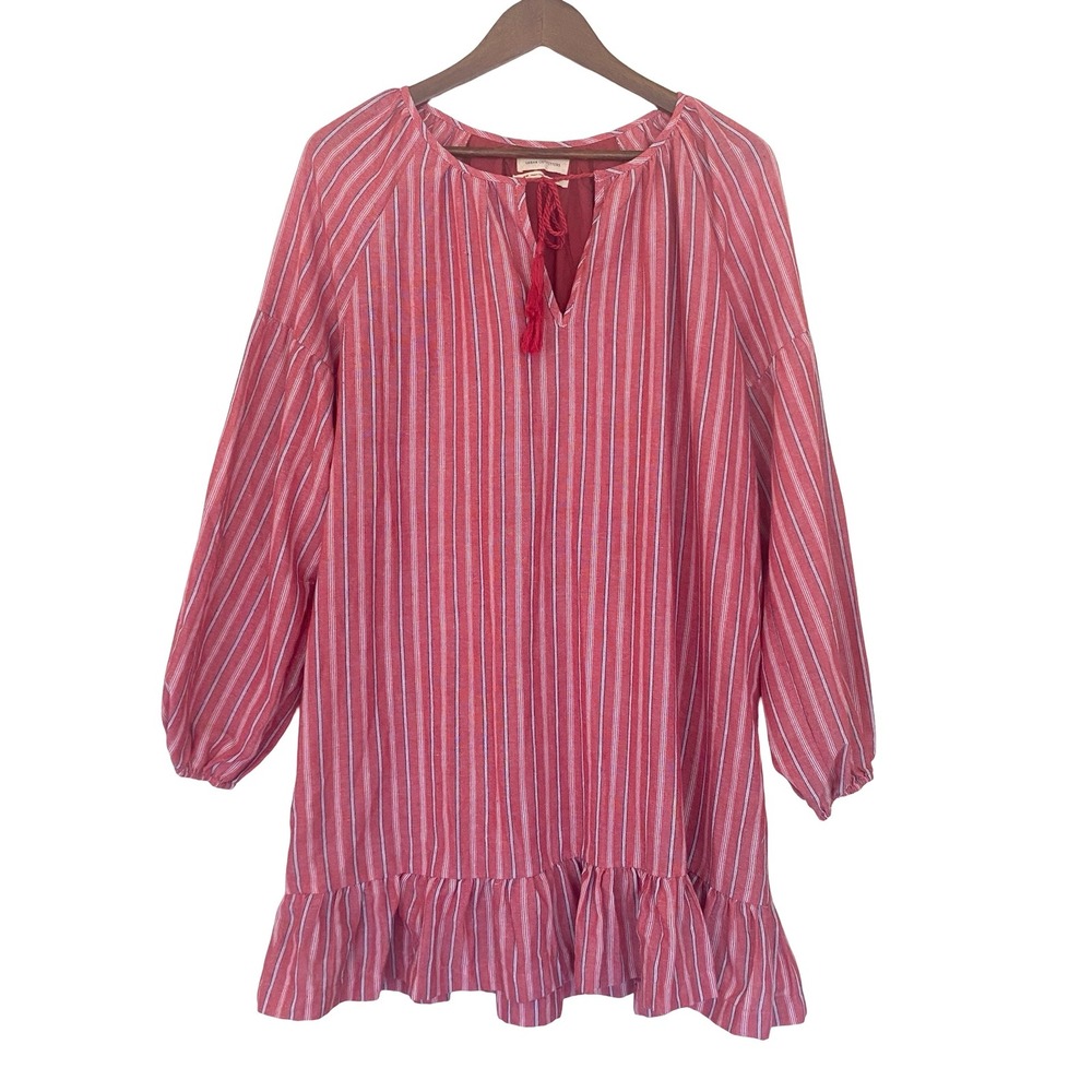 Urban Outfitters Striped Women Tunic Dress Medium Red White Tassel Ruffle Hem